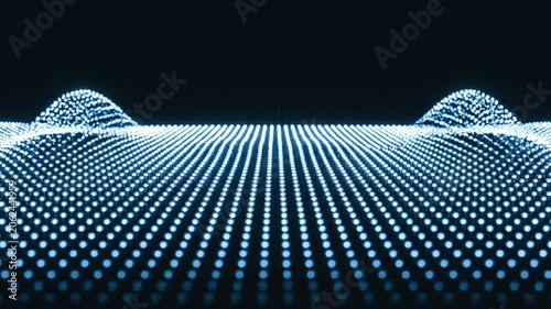 Blue digital particle waves undulating in dark 3D space.