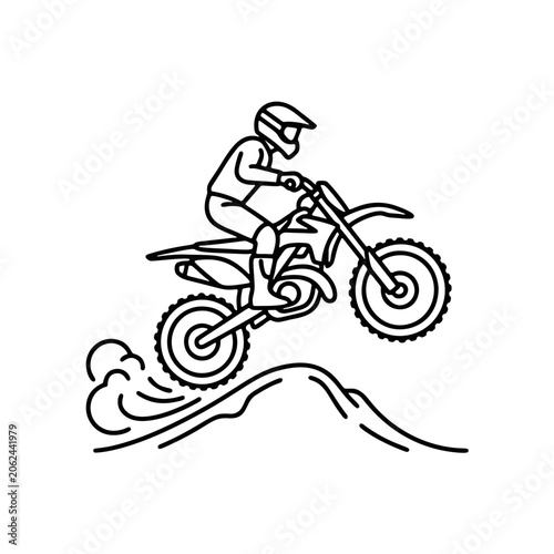 Minimalist line art motocross rider performing off road motorcycle jump illustration
