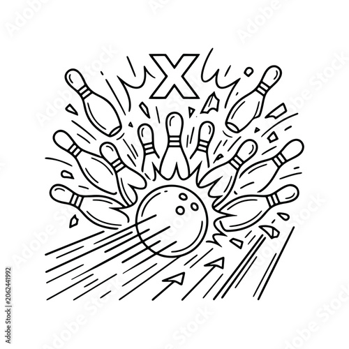 Minimalist line art bowling strike with pins and ball sports illustration