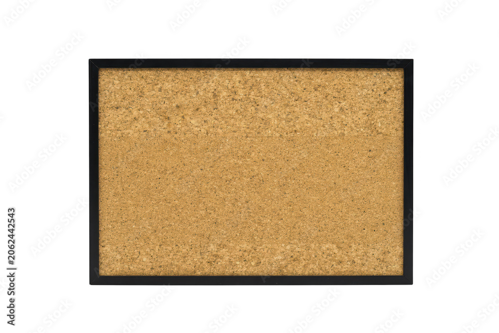Fototapeta premium Rectangular cork bulletin board with a thin black frame for displaying notes, memos, and office organization isolated on a transparent background