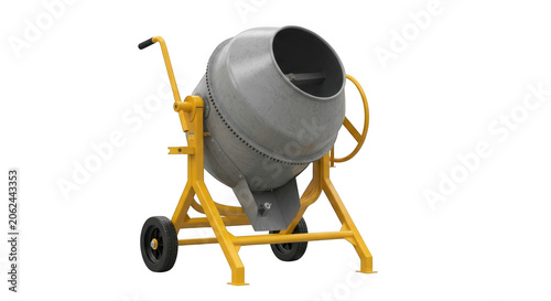 Yellow concrete mixer on wheels ready for construction