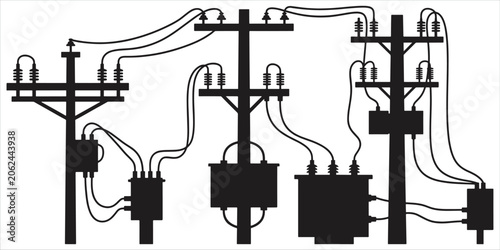 Tableau sur toile Black Silhouette of Electrical Power Distribution Poles and Transformers electri