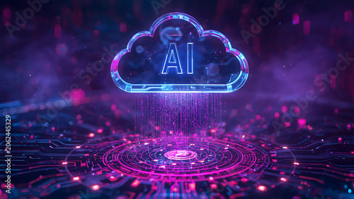 Cloud and edge computing technology data transfer concept. A large cloud icon is in the center, Ai Brain Cloud Big data, network, Science and futuristic ai cloud background concept.	