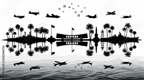 Foto Silhouette Vector Illustration of USS Arizona Memorial with Battleships and Airp