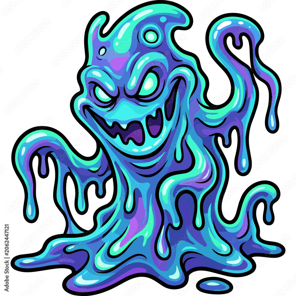 Fototapeta premium A colorful, cartoonish creature with a menacing face and gooey purple blue body drips and oozes across the surface.
