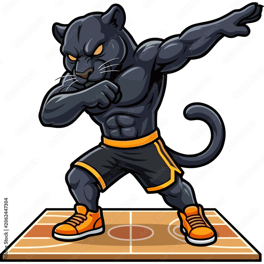 Obraz premium A muscular black panther performs a dynamic kickboxing move on a court.