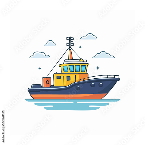 Flat design ferry boat with waves and sky