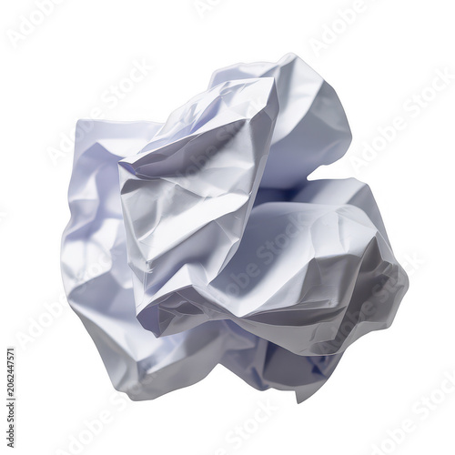 A single ball of white paper with sharp creases, deep shadows, and complex folds forming a discarded office... isolated on a transparent background
