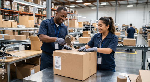 Diverse warehouse workers cooperating to pack cardboard boxes in fulfillment center.