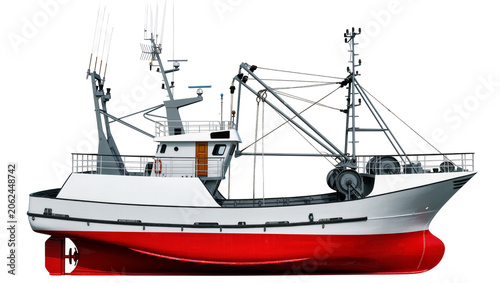 Photos White and red fishing trawler vessel with cranes and radar