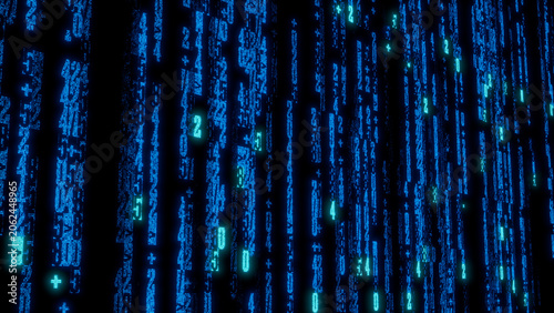 Dense Abstract Digital Display of Interwoven Blue Numbers and Symbols on Dark Background, Ideal for Technology, Data Visualization, and Innovative Design Applications