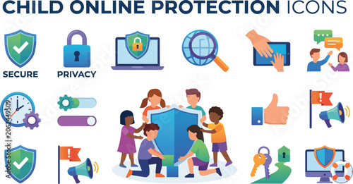 Fotografía Colorful collection of flat vector icons representing child online safety and di