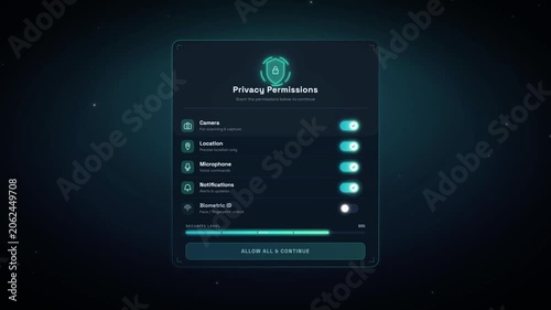 App privacy permission screen with security toggles and biometric access granted interface