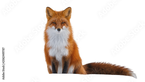 Foto Red fox sitting with bushy tail and white chest fur