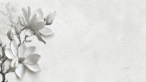 White Magnolia Relief Background on Textured Plaster Wall with Elegant Floral Embossed Design and Copy Space