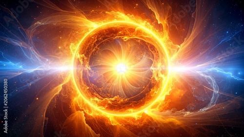 Powerful cosmic flare creating a bright sun like star and radiating light waves into the dark universe with nebulae.