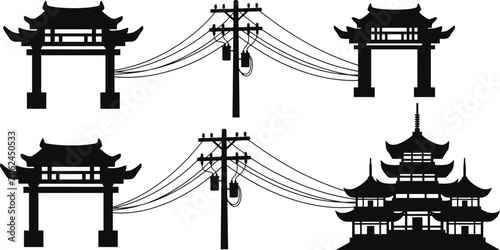 Fotografie Silhouettes of Asian Architecture and Utility Poles with Power Lines on White Ba