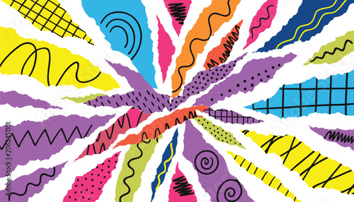 Colorful torn paper strips radiating from center with hand drawn doodle patterns. Abstract ripped paper collage with stripes, dots and grids, vibrant retro style vector background.