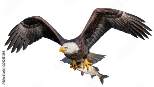 Schilderij op canvas Bald eagle with wings spread wide carrying a fish in its talons