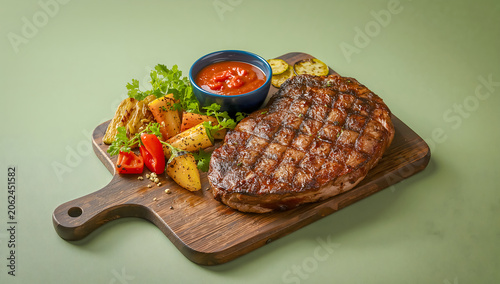 Juicy Fraldinha Steak with Roasted Vegetables and Spicy Malagueta Sauce on Green Background BBQ Braai Scene