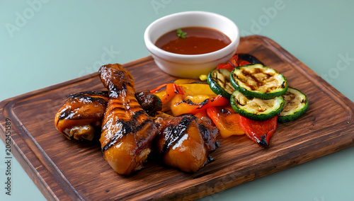 Honey-Glazed Chicken Drumsticks with Roasted Vegetables and Sauce Dish on Rustic Board Green Background BBQ Scene
