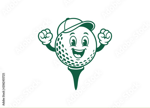 Mascot Character Golf Ball on Tee Illustration – Cute Cartoon Golf Ball Character Standing on Golf Tee with Smiling Face, Sports Mascot Clipart for Branding