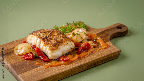 Seared Bacalhau Fillet with Roasted Peppers and Coconut Tomato Drizzle on Green Background BBQ Braai Scene