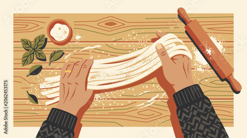 Flat vector illustration of Italian grandmother hands stretching fresh tagliatelle dough on a rustic wooden table with flour, basil and rolling pin. Traditional homemade pasta making in clean geometri
