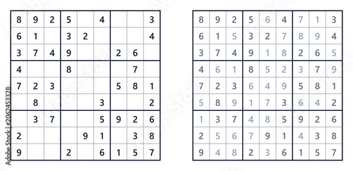Photos Sudoku easy level puzzle with incomplete and complete grids