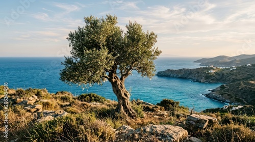 Lone tree on rocky coastal landscape.