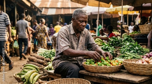 Man selling fresh produce at market.