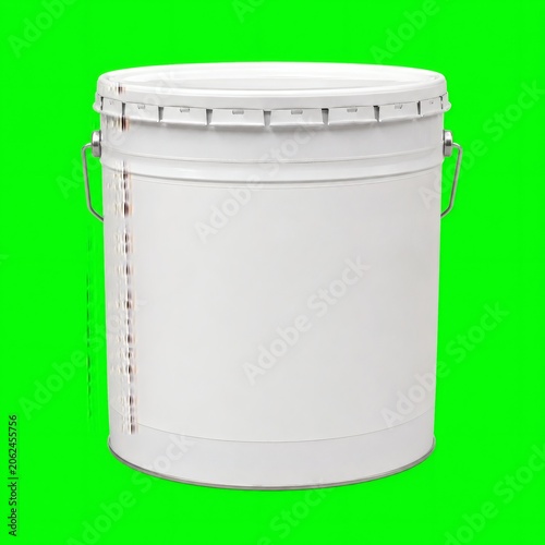 White Plastic Open Bucket with Metal Handle Isolated on Bright Green Background