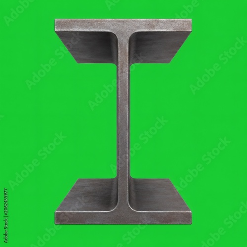 Realistic 3D Rendered Steel I Beam Profile on Green Background Isolated