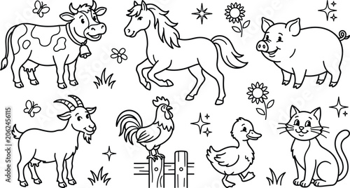 Foto Cute farm animals coloring page set with cow horse pig goat rooster and duck in