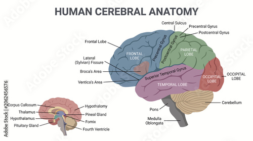 Foto Human cerebral anatomy brain structure illustration.