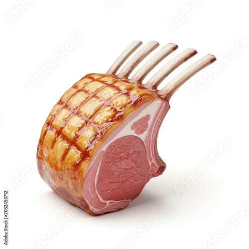 Raw Rack of Pork with Scored Skin and Exposed Rib Bones on White Background.