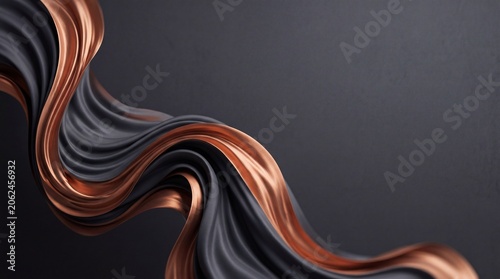 Abstract flowing metallic ribbon with copper and silver gradient on dark background
