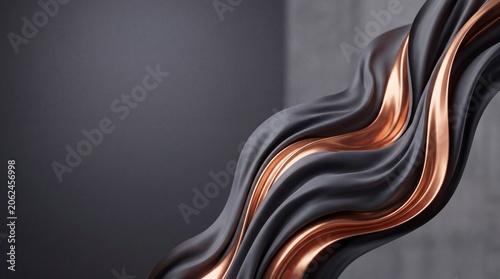Abstract flowing metallic ribbon in copper and silver tones with glossy finish