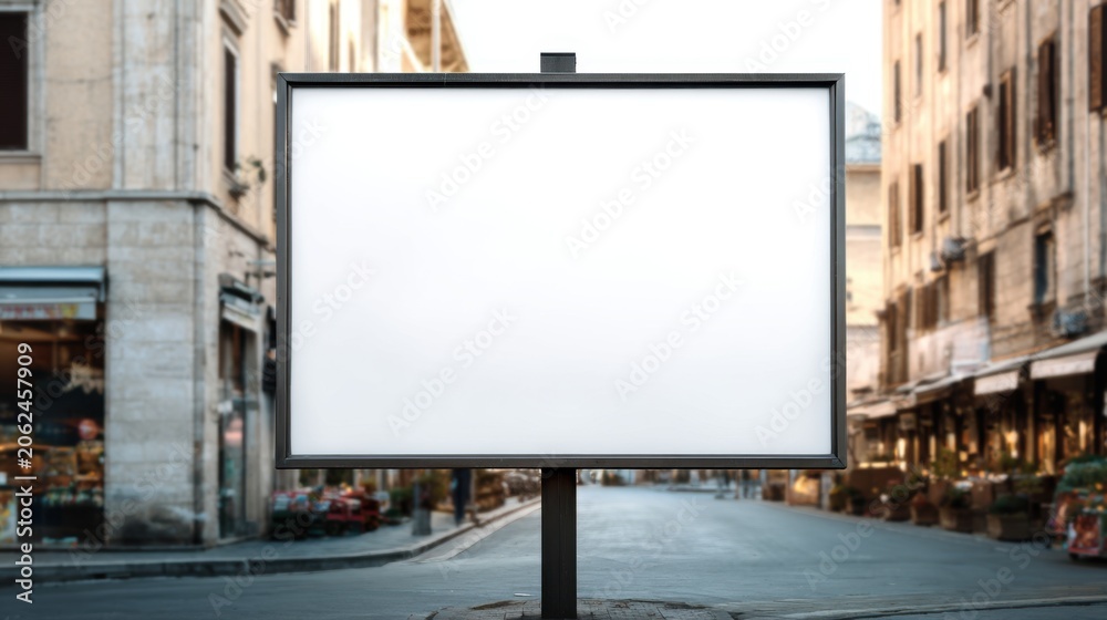 Fototapeta premium White display billboard on urban pavement with blurred commuters and professional city vibe.