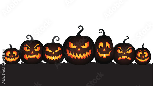 Seven Halloween Jack O Lantern Pumpkins with Glowing Faces and Spooky Expressions