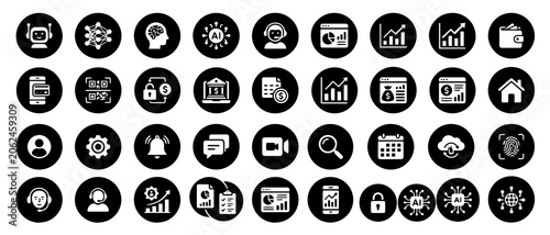 Set of black and white circular for artificial intelligence, business analytics, digital communication, and web interface management tools