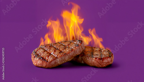 Fiery BBQ Fillet Steaks with Grill Marks Floating on Purple Background Bold Barbecue Braai Food Scene