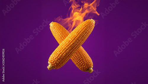 Grilled Corn with Visible Grill Marks and Dramatic Flames on Purple Backdrop BBQ Barbecue Braai Scene