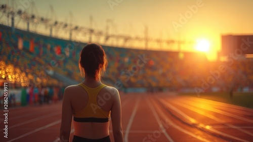 Tired happy woman runner taking rest after run sitting on the running track and smile. Summer evening time. Young athletic female jogger resting after training. Work hard rest harder. Copy space