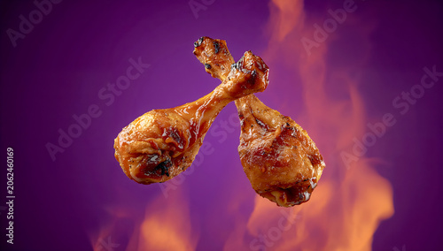 Charred Chicken Drumsticks with Flames on Vivid Purple Background in Dynamic BBQ Barbecue Braai Scene