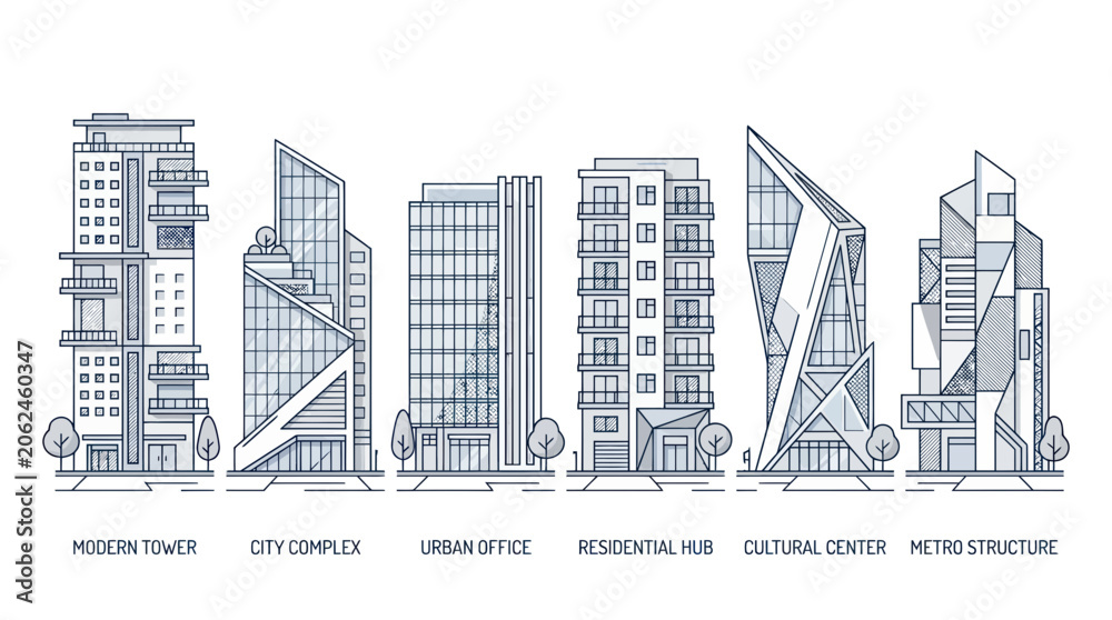Obraz premium Contemporary city buildings set with office and residential towers