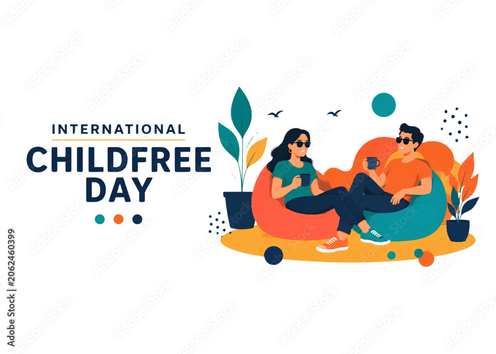 Obraz premium International Childfree Day couple enjoying relaxed lifestyle with coffee and modern leisure concept vector illustration