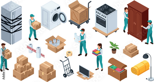 Isometric Relocation and Moving Service Vector Illustration Set Featuring Professional Movers Carrying Furniture Home Appliances Cardboard Boxes and Packing Supplies