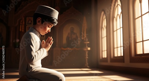 Young boy in prayer position inside a building lit by sunlight