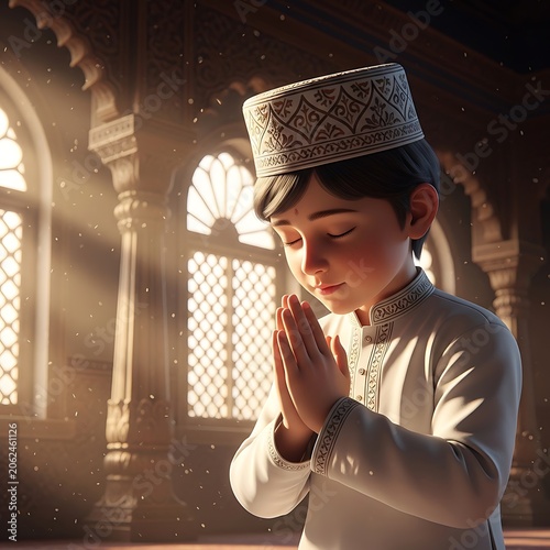 Young boy in prayer with hands clasped in front of a beautiful window